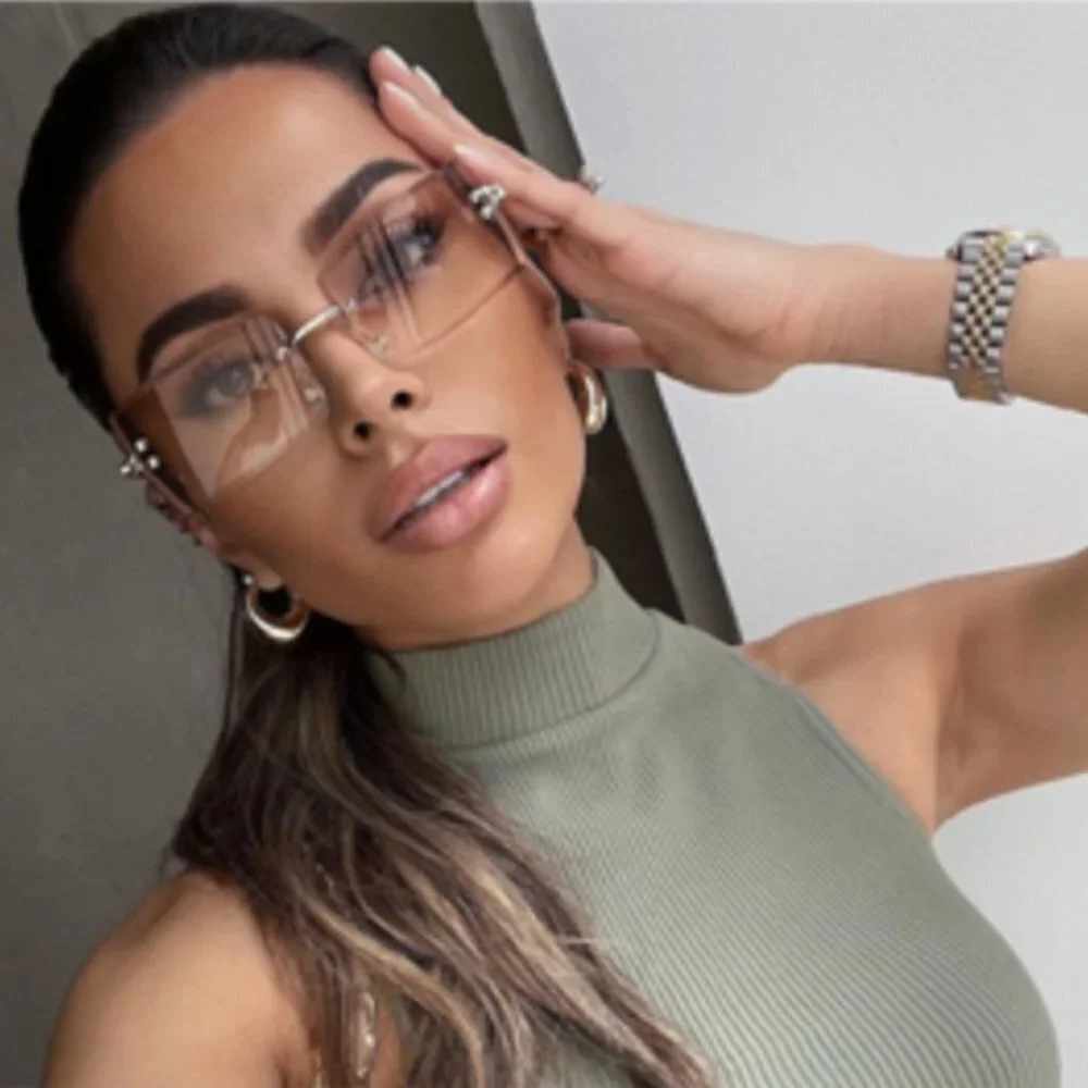 Retro Clear‎ Ombre Rimless Rectangle Square Sunglasses Vintage Shades